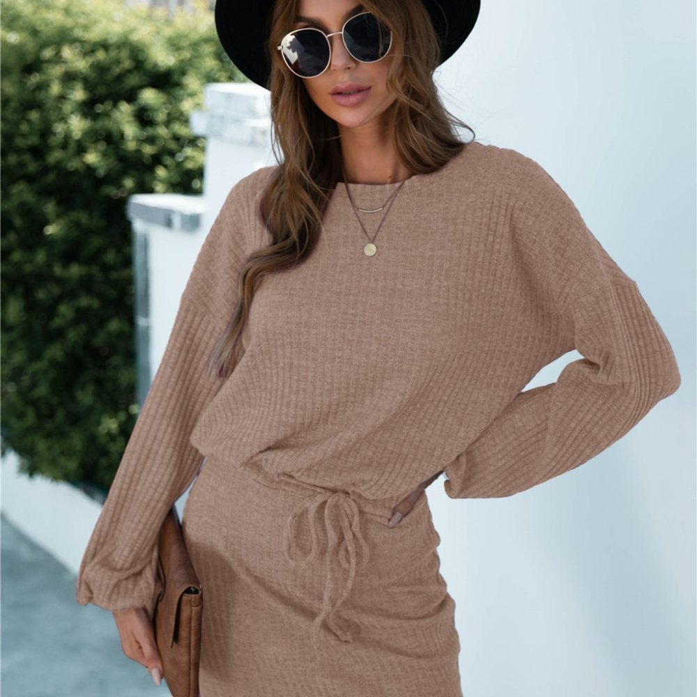 Long Sleeve Cut Out Back Knot Waist Dress